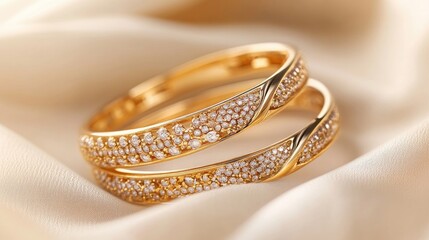 Shining Golden Bracelets on Soft Fabric Surface