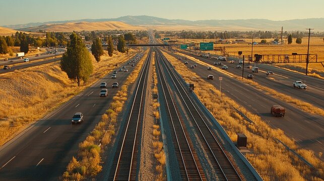 Parallel Railway Tracks Next to Busy Highway
