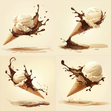 Ilustraci&oacute;n dividida en 4 partes, barquillos de helado vainilla con churretes de chocolate salpicando a c&aacute;mara lenta imitando la ca&iacute;da del helado con sus sombras, y el fondo color crema. Movimiento