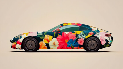 A graphic illustration of a modern, car covered in a vibrant floral pattern.