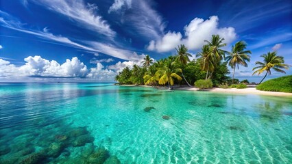 description: A serene tropical getaway with crystal clear waters and lush greenery