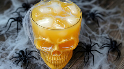 Pumpkin flavored drink in a skull-shaped glass