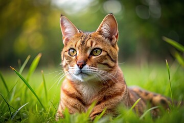 Feline resting in lush grass
