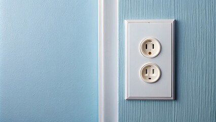 Description: Close-up of a North American electrical outlet on a light blue wall next to a door frame.