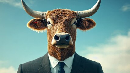 A surreal image of a bull-headed figure in a business suit