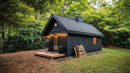 rustic, small wooden cabin nestled in a lush, green forest setting. The cabin is painted in a dark charcoal color, with a steep, shingled roof and a single glass door at the front.