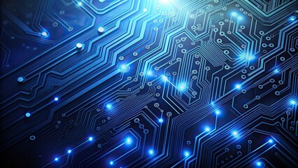 description: Low angle view of a modern dark blue background with circuitry