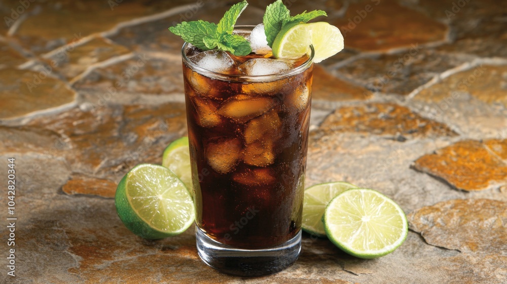 Poster Refreshing Beverage with Lime and Mint Garnish