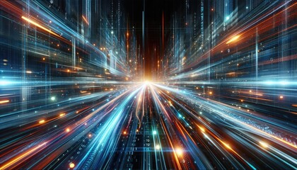 Obraz premium Futuristic Data Highway: Rapid Light Trails Representing Machine Learning, AI Processing, and Big Data Transmission in a Digital Matrix Environment with Floating Binary Code