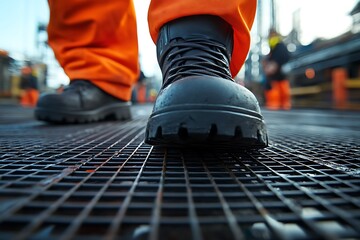 Safety Work Boots Standing on Industrial Metal Floor Grating