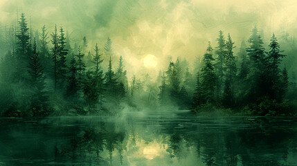 A serene morning in a misty forest reflecting on a tranquil lake under soft sunlight