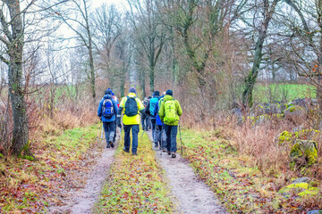 Fototapeta premium People walking on a dirt road on a rainy autumn day