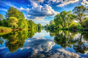 Obraz premium description: Serene river reflecting sunlight on a peaceful day