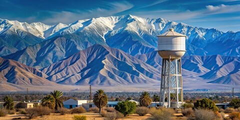 Desert Hot Springs California water tower with snow capped San Gorgonio Mountains in the background Long Shot