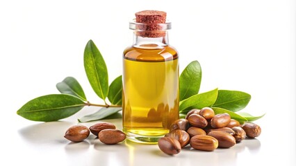 jojoba oil bottle with jojoba seeds isolated on white background