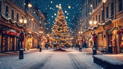 Obraz premium Festive Winter Scene with a Decorated Christmas Tree