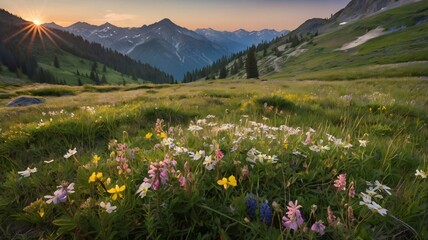 Fototapeta premium Golden Sunrise Over a Mountain Meadow Filled with Wildflowers