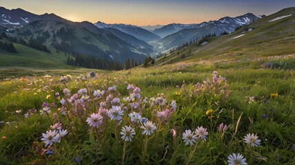 Fototapeta premium Golden Sunrise Over a Mountain Meadow Filled with Wildflowers