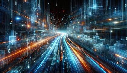Futuristic Data Highway: Rapid Light Trails Representing Machine Learning, AI Processing, and Big Data Transmission in a Digital Matrix Environment with Floating Binary Code