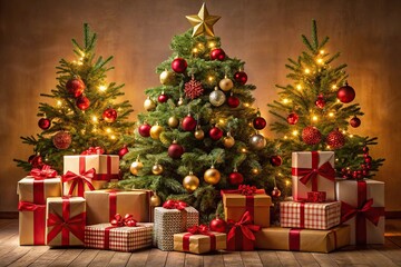 festive holiday scene with presents under Christmas tree