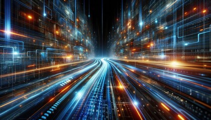Futuristic Data Highway: Rapid Light Trails Representing Machine Learning, AI Processing, and Big Data Transmission in a Digital Matrix Environment with Floating Binary Code