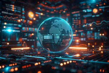 Advanced Digital Command Center with a 3D Globe Displaying Real-Time Global Financial Data in a Futuristic Technology Environment Illuminated by Neon Lights