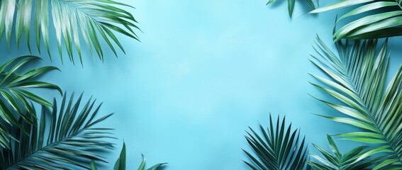 Tropical palm leaves on a blue background, creating a summery and exotic frame with empty space for text or design.