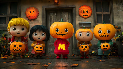 Cute Cartoon Kids in Pumpkin Costumes Trick or Treating 3D Illustration