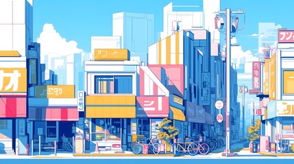 The bustling scene of a downtown area with colorful storefronts and towering office buildings, all drawn with crisp, clean vector lines.