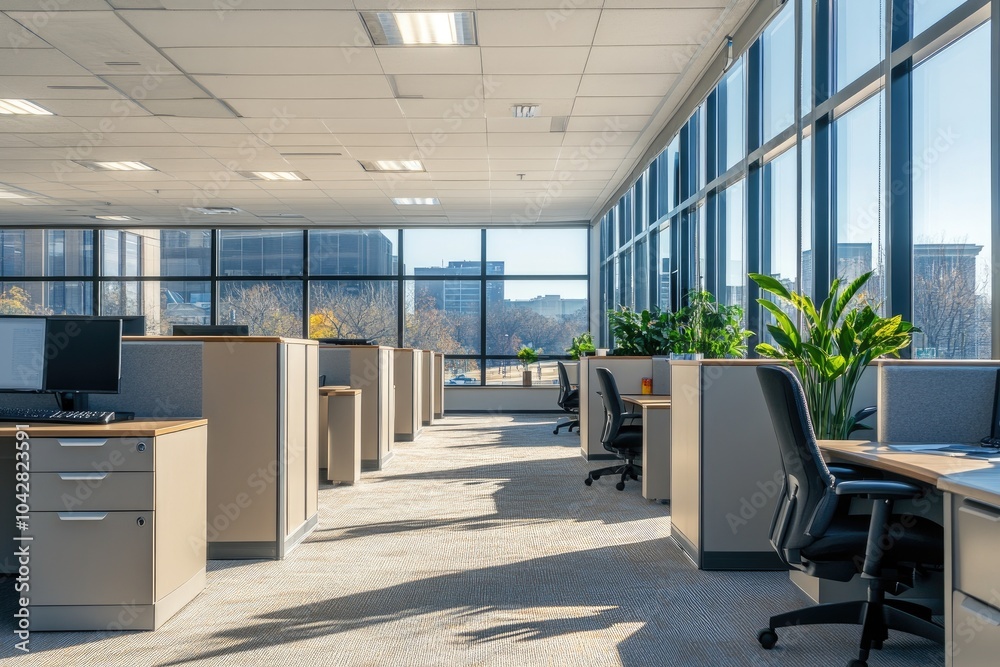 Poster Sunlight shines through the windows of a modern open space office with rows of cubicles