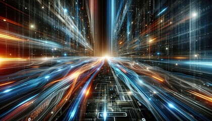 Obraz premium Futuristic Data Highway: Rapid Light Trails Representing Machine Learning, AI Processing, and Big Data Transmission in a Digital Matrix Environment with Floating Binary Code