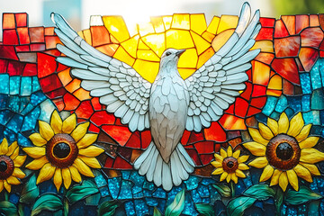 Naklejka premium A vibrant stained glass artwork features a dove with outstretched wings, surrounded by sunflowers against a colorful backdrop.