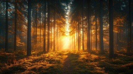 Fototapeta premium Golden light bathing trail passing through foggy autumn forest at sunset