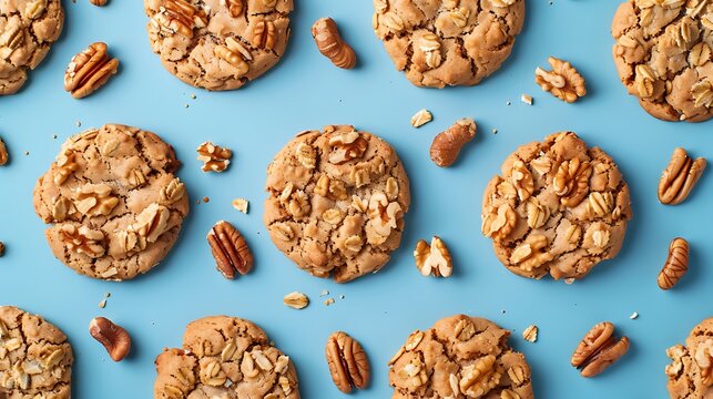 Cereal cookies that are just made and have nuts and walnuts on an indigo backdrop