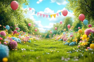 A vibrant garden path adorned with colorful flowers, balloons, and festive bunting under a sunny sky creates a cheerful atmosphere.