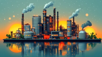 Industrial skyline at sunset with smokestacks and reflections.