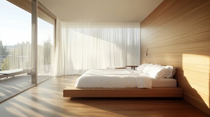 Modern Bedroom Interior Design with Wooden Wall and Large Window