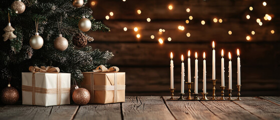 A cozy holiday scene featuring a decorated Christmas tree, twinkling lights, wrapped gifts, and lit candles, creating a warm festive atmosphere.