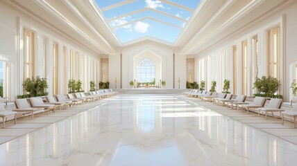 Fototapeta premium A bright, luxurious interior featuring marble floors, tall windows, and elegant decor, creating a serene and spacious atmosphere.
