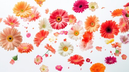 Colorful gerberas and other beautiful flowers flying in air on color background,Collection pink gerberas,Gerber Gerbera Daisy daisies flower floral,Mockup template artwork graphic design.