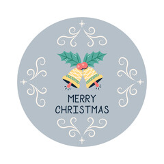 Round Christmas Card with Bells. Greeting card on gray background. Christmas and New Year banner. Vector illustration.