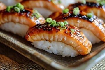 Caramelized Teriyaki Salmon Nigiri with Scallions Extreme Close-up