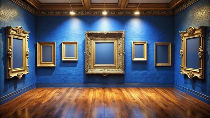 description: High angle view of an antique art fair gallery frame on a royal blue wall at a museum or auction house