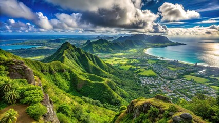 Description: Lush mountain scenes from a ridge trail on Oahu Hawaii overlooking Kaneohe Kailua and the windward side of the island