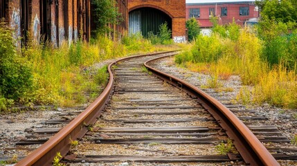 Winding Rusted Railway Track Through Overgrown Landscape