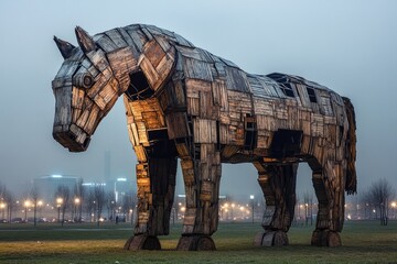 Giant wooden horse sculpture standing on a foggy city park at dusk