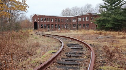 Obraz premium Winding Rusted Railway Track Near Abandoned Building