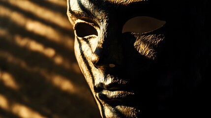 The mask is backlit casting long exaggerated shadows across a dark surface with its sharp features accentuated