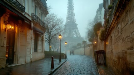 Misty Parisian Street With View Of The Eiffel Tower