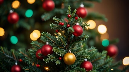 Happy New Year Christmas tree decorates with red and yellow glass ball on branch snow on background bokeh of side flickering light bulbs garlands for family winter holiday. Festival mood.